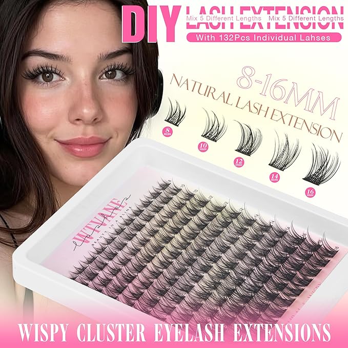 Wtvane Lash Clusters Kit Wispy Cluster Eyelash Extensions Kit Natural Lash Extension Kit Natural Look Eyelash Clusters Wispy False Eyelashes with Lash Bond and Seal, Tweezers