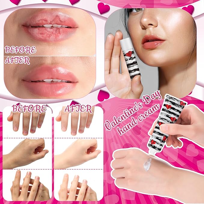 Loopeer 36 Sets Valentine's Day Hand Cream Lip Balm Bulk Gifts Galentine's Day Gift Valentine Party Favor Love Heart Mini Travel Size Moisturizing Hand Lotion for Women Coworker Teacher Nurse, 30 ml