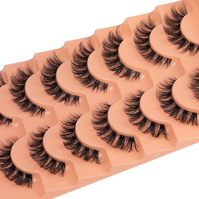 JIMIRE Cat Eye False Eyelashes Volume Mink Lashes Fluffy D Curl Russian Strip Lashes Natural Look 15MM Soft Cat Eye Fake Lashes with Clear Band Lash Extensions 7 Pairs Pack