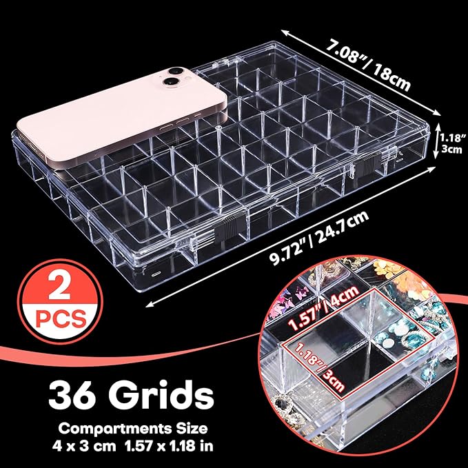 Noverlife 2 Pack 36 Grids Clear Plastic Organizer Box, Jewelry Craft Storage Container Bead Holder Nail Charm Organizer, Rock Collection Box for Fishing Tackles, Acrylic Earring Display Case for Girls