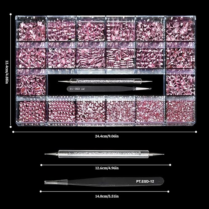 Yzzseven 14 Types of 700 Pink Diamonds + 1500 Flat Rhinestones Mix 20 Styles Flatback DIY Crafts Rhinestone Crystals 3D Ornament‌s Flat Back Stones Set + Tweezers + Drill Pen