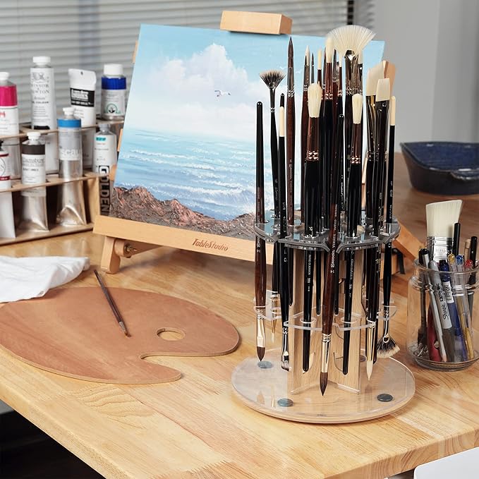 Mezzo Dual Artist Brush Holder and Drying Rack - Rotating Wood Grain Laminate Multi Layer Desk Stand - Professional Storage Display Organizer for Paintbrushes
