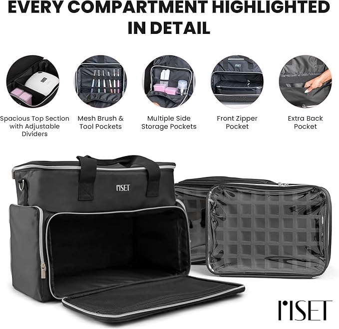 Riset Nail Polish Organizer Case Holds 96-100+ Bottles (15ml/0.5fl oz) - Nail Tech Travel Bag with Removable Dividers & Pouches, Fits UV Lamp & Manicure Tools, Spillproof Cover, Gift-Ready Box - Black