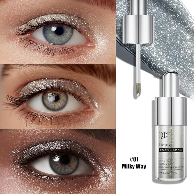 QIC Liquid Glitter Eyeshadow, Metallic & Shimmer Finish, Long Lasting, Non-Creasing, Smudge-proof, Lightweight Formula Liquid Eyeshadow for All Skin Tones, Buildable Color (01 Milky Way)