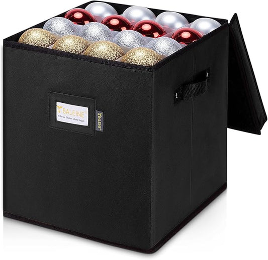 BALEINE Christmas Ornament Storage Box with Dividers, Premium Holiday Ornaments Storage Container Bin for Xmas Decorations (64 Ball, Black, Without Tray)