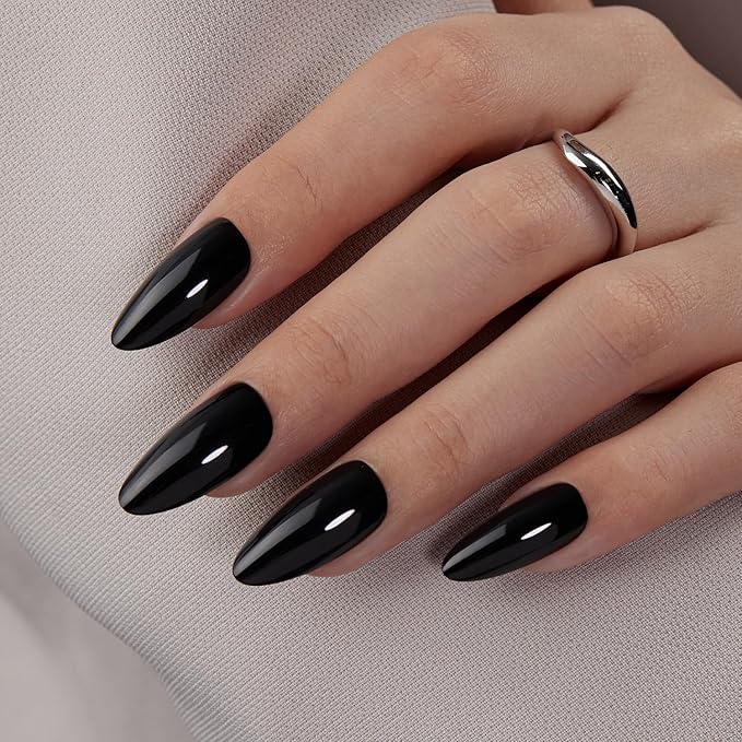 VSALON Press on Nails Medium Almond - Glossy Black Winter Nails for Women, Reusable Solid Opaque Gel Fake Nails with Glue & Cuticle Oil - 32 PCS Glue On Nails in 16 Sizes (Enchanting Night)