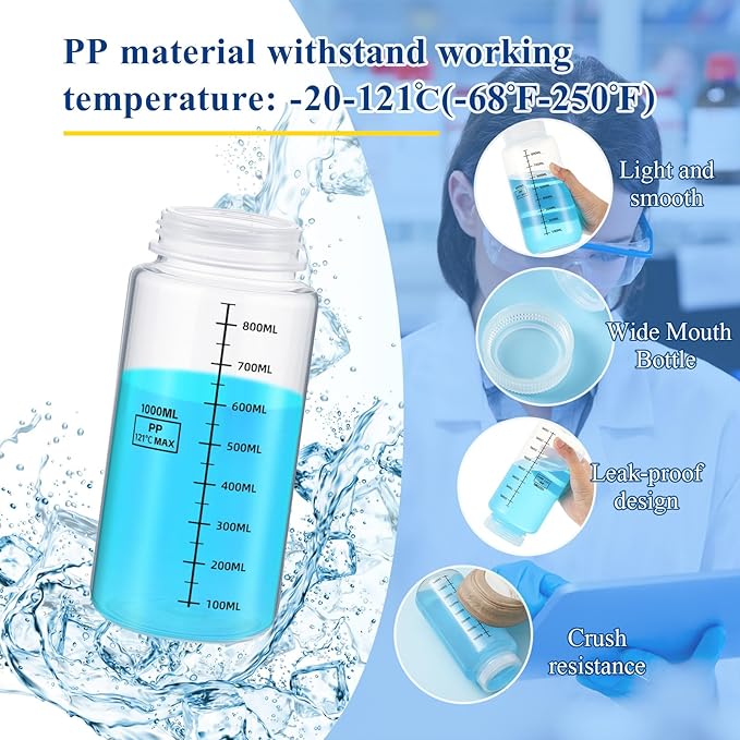 Tatuo 24 Pcs 34oz 1000ml Polypropylene Plastic Sample Bottles with Screw Caps Sample Containers with Lid for Liquids, Reagent, Pill, Travel, Laboratory, Storage at Home(Wide Mouth-dark Scale)