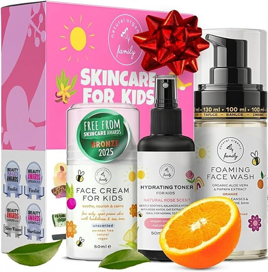 Skincare Set for Kids - Gentle Facial Wash, Hydrating Toner and Cream - Natural Skin Care for Boys and Girls with Aloe Vera and Rose Water - Vegan, Paraben-Free - Award-Winning - Ages 6-12