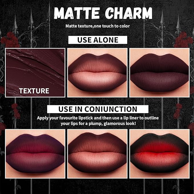 HOSAILY 3 Colors 2 in 1 Gothic Lip Liner Set, Matte Purple Dark Red Black Lip Liner Plumping Smooth Creamy Lip Pencil, High Pigmented Long lasting Lip Stain Lipstick Goth Halloween Makeup, 05+07+08