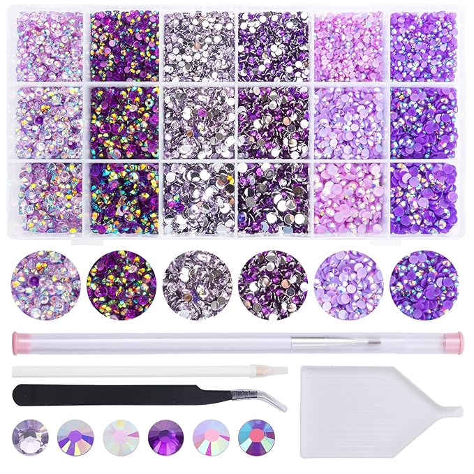 22380Pcs Purple Jelly Rhinestones Kit- Resin Mixed Color Rhinestones for Nail Clothes Shoes Tumblers Decoration Flat Back Round(3mm,4mm,5mm)