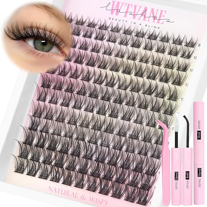 Wtvane Lash Clusters Kit Wispy Cluster Eyelash Extensions Kit Natural Lash Extension Kit Natural Look Eyelash Clusters Wispy False Eyelashes with Lash Bond and Seal, Tweezers
