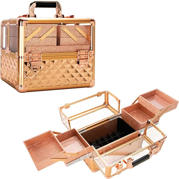 Ver Beauty Armored Acrylic Cosmetic Case Organizer Train Makeup Case with 4 Extendable Trays and Bottom Compartment Key and Lock (Rose Gold Diamond)