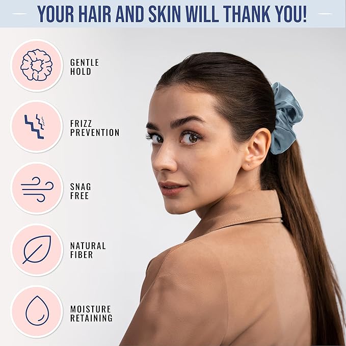Blissy Silk Scrunchies (3 Pack) - 100% Pure Mulberry Silk - 22 Momme 6A High-Grade Fibers Scrunchie for Straight & Curly Hair - Preventing Breakage, Tangling, & Creasing (Ash Blue Regular)
