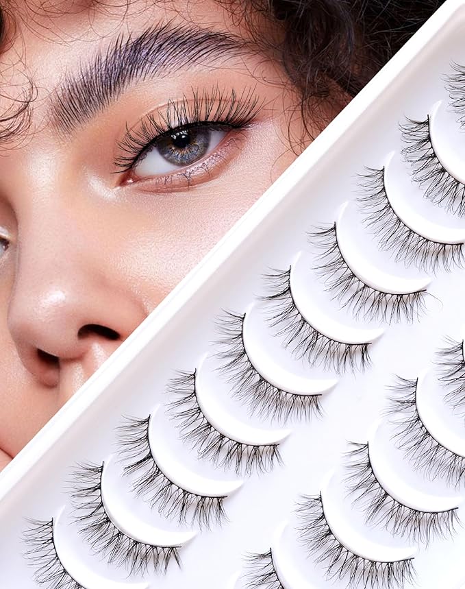 Lashes Natural Look, Wispy Eyelashes, Jiocolor False Eyelashes Natural Look, Fluffy Fake Mink Lashes,12 mm Strip Lashes 10 Pairs D1