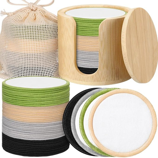 Foaincore 40 Pcs Reusable Makeup Remover Pads with Mesh Storage Bag and Bamboo Box Washable Bamboo Cotton Rounds Soft Reusable Face Pad for Toner Skin Various Skin Care Products(Integrated Color)