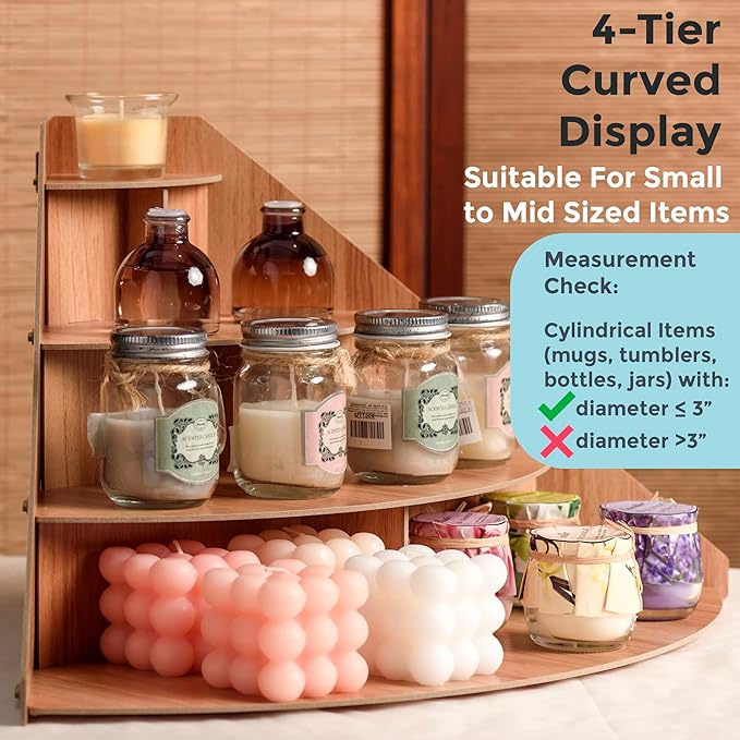 4-Tier Retail Wooden Display Riser - Farmers Market Craft Fair Display Rack - Candle Soap Cups Mugs Tumblers Corner Display Stand For Craft Shows - Curved Countertop Table Display For Cupcakes