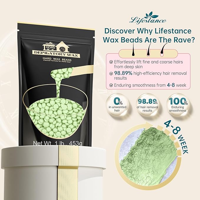 Lifestance Tea Tree Waxing Beads, 1LB Fine Hair Removal Wax Beans for Face, Eyebrow, Brazilian Bikini, Sensitive Skin at Home for Women and Men