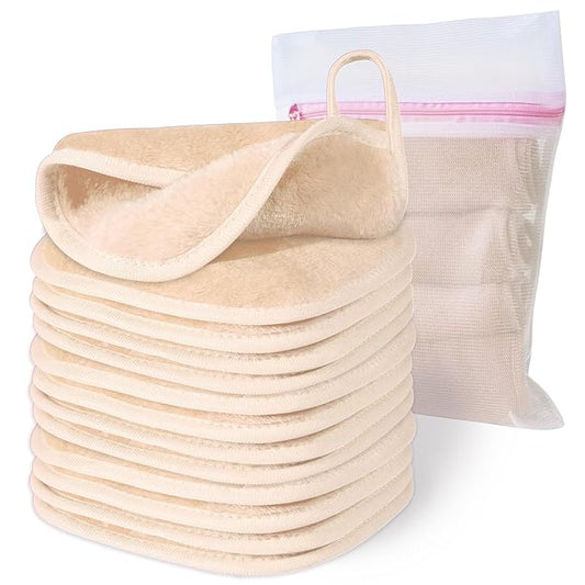 Natwag Makeup Remover Cloth, 6" x 6" Make Up Towels Reusable Face Cloth for Washing Face, 12 Pack Makeup Remover Pads Microfiber Face Washcloth with Mesh Bag, Beige