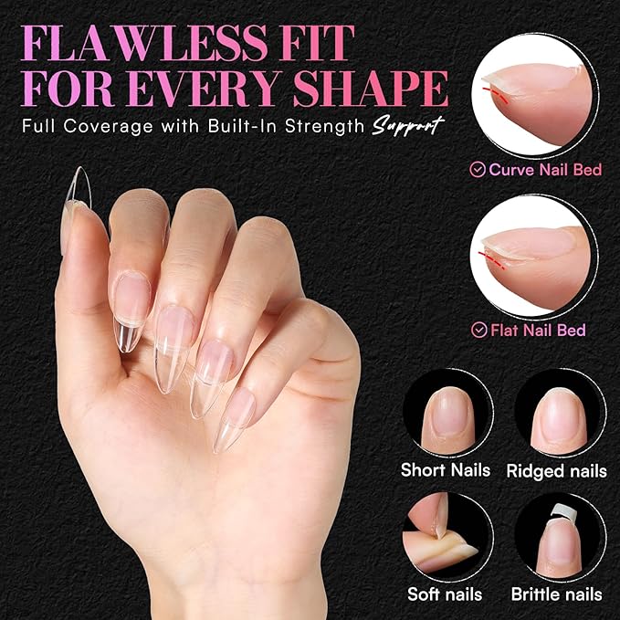 Makartt Medium Almond Nail Tips: 240PCS, 15 Sizes, Half Matte, Clear Fake Nails Stiletto Shapes - Full Cover Soft Acrylic Press On Nail Extensions for Flat Natural Nail Beds Salon and Home DIY