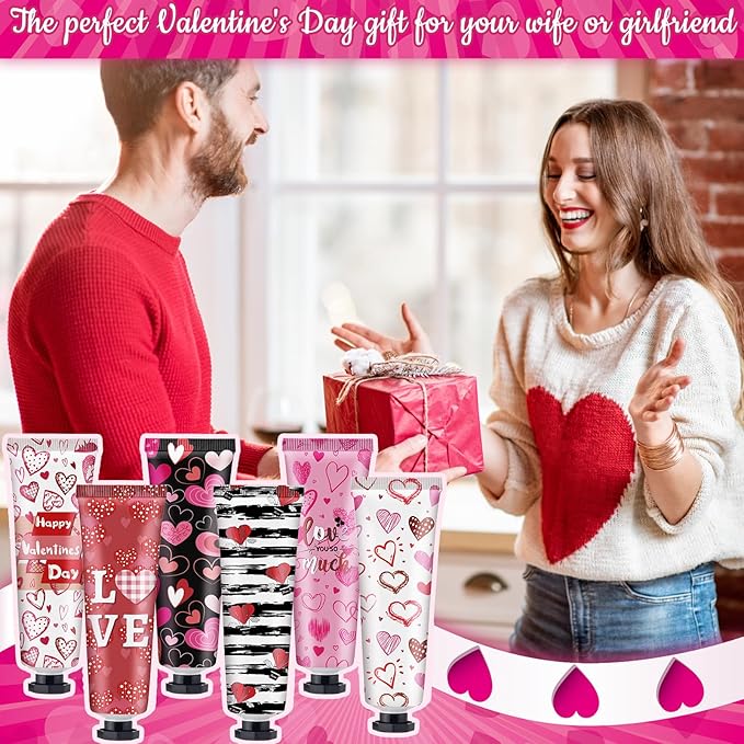 Loopeer 6 Sets Valentine's Day Hand Cream Lip Balm Bulk Gifts Galentine's Day Gift Valentine Party Favor Love Heart Mini Travel Size Moisturizing Hand Lotion for Women Coworker Teacher Nurse, 30 ml