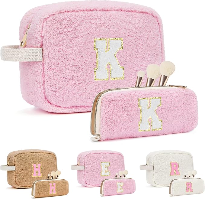 2PCS Makeup Bag with Initials, Valentines Day Gifts for Teen Girls Trendy Stuff, Personalized Cosmetic Travel Bag Pouch for Granddaughter, Cute Plush Make up Bags for Birthday - Pink K