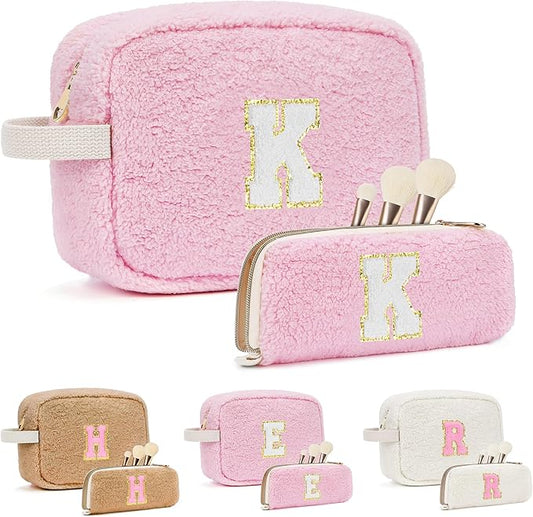 2PCS Makeup Bag with Initials, Valentines Day Gifts for Teen Girls Trendy Stuff, Personalized Cosmetic Travel Bag Pouch for Granddaughter, Cute Plush Make up Bags for Birthday - Pink K