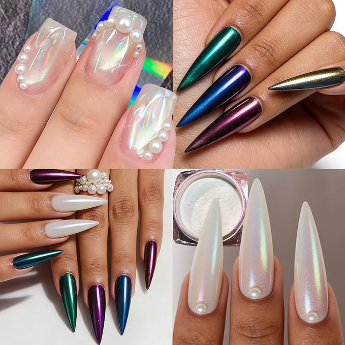Holographic Chrome Nail Powder Kit - 8 Jars Pearl Chrome Mirror Effect Powder and 10 Sheets Transparent Aurora Nail Transfer Foils, Glitter Manicure Art Supplies