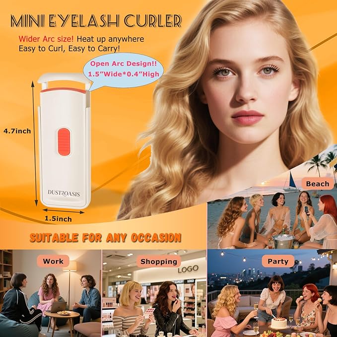 Heated Eyelash Curler - Heated Lash Curler - 24H Long Lasting Electric Eyelash Curler Wide Open Dual-Arc Design - Type-C Rechargeable Mini Lash Curler Natural Curve for Women - Apricot