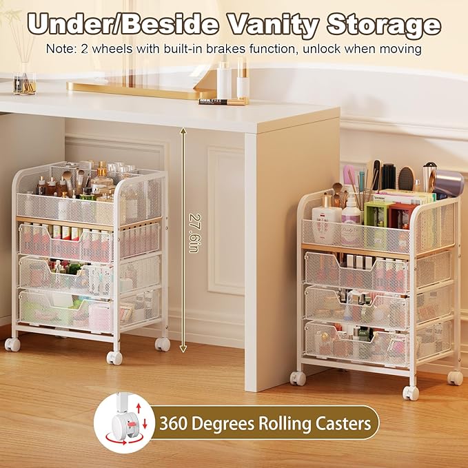 3 Drawers Makeup Cart Organizer with Divider, Under Desk Floor Skincare Organizers, Vanity Storage Organizer Cosmetics Display Cases for Skin Care Perfume Nail Polish, White