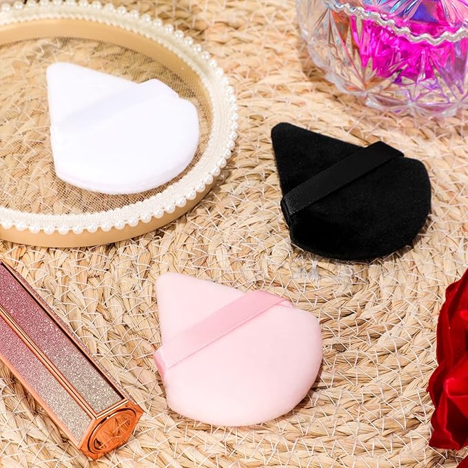 Maitys 12 Pcs Powder Puff Triangle for Face Makeup Cosmetic Loose Powder Puff Velour Soft Body Washable Reusable Foundation Sponge Wet Dry Makeup Tool for Women(Small,Black, White, Pink)