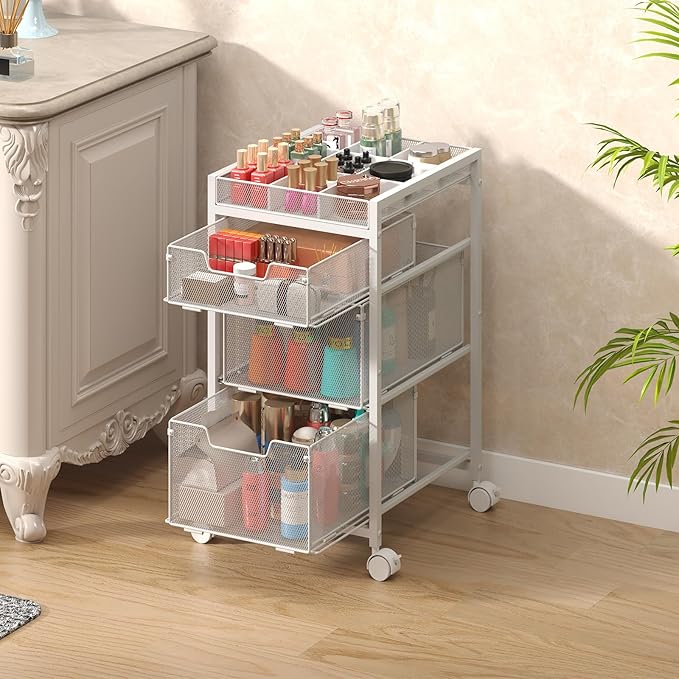 JKsmart Rolling Makeup Cart Organizer with 3 Drawers, Cosmetics Display with Dividers, Floor Skincare Storage with Wheels, Versatile Vanity Organizer for Nail Polish Perfume Brush Hair Tool, White