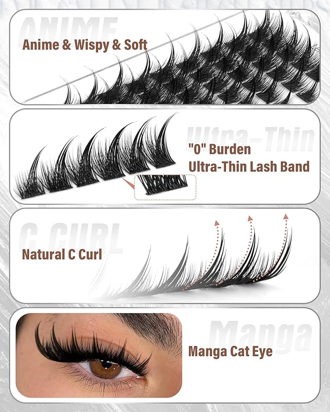 Cat Eye Lash Clusters With Spikes Eyelash Clusters Cat Eye Clusters Eyelash Extensions Wispy Lashes Clusters Anime Pre-Mapped Lash Clusters C-Curly Manga Left&Right Individual Lashes 6-18MM by Zegaine