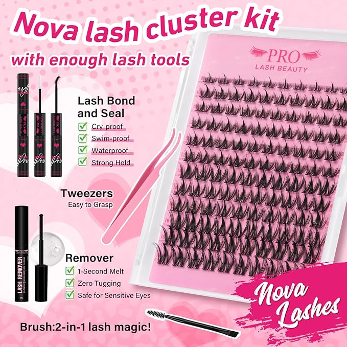 PRO LASHBEAUTY Manga Lash Clusters Kit with Lash Bond and Seal Eyelash Applictor Lash Remover DIY Lash Extension Kit Waterproof Resuable Eyelash Extensions at Home (Nova,8-18mix)