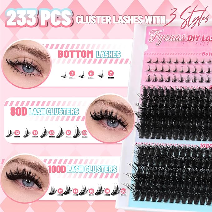 Fyonas Lash Clusters 80D+100D Manga Cluster Eyelashes 12-20mm Spiky Volume Individual Lashes with Natural Bottom Lashes DIY Fluffy Eyelash Extensions 233Pcs Fairy Lash Clusters (Mix03)