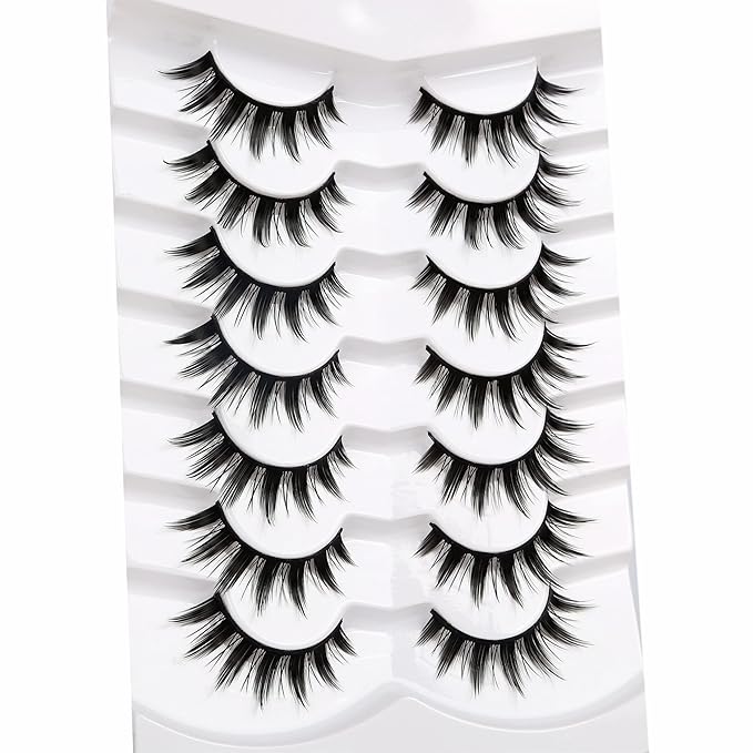 Pooplunch Manga False Eyelashes Spiky Natural Anime Lashes Doll Eye 8D Wispy Volume Sexy Faux Mink Fake Eyelash Strips 7 Pairs Pack