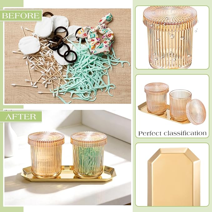 Yiyiring 2 Pack Glass Cotton Swab Holder with Lids and 1 Pack Stainless Steel Trays and Labels Glass Swab Dispenser Cotton Ball Holder Apothecary Jars Floss Pick Containers Bathroom Organizers(Amber)