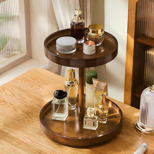 SANRETAHO 2-Tier Bamboo Rotating Makeup Organizer, 360° Spinning Vanity Organizer for Perfume & Skincare, Space-Saving Countertop Cosmetic Storage Organizer for Bathroom, Brown