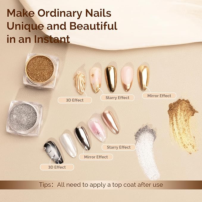 MelodySusie 2Pcs Chrome Nail Powder for Gel Nails,Metallic Mirror Effect Pigment Stylish and Technological Fine Glitter for Home DIY Salon Use