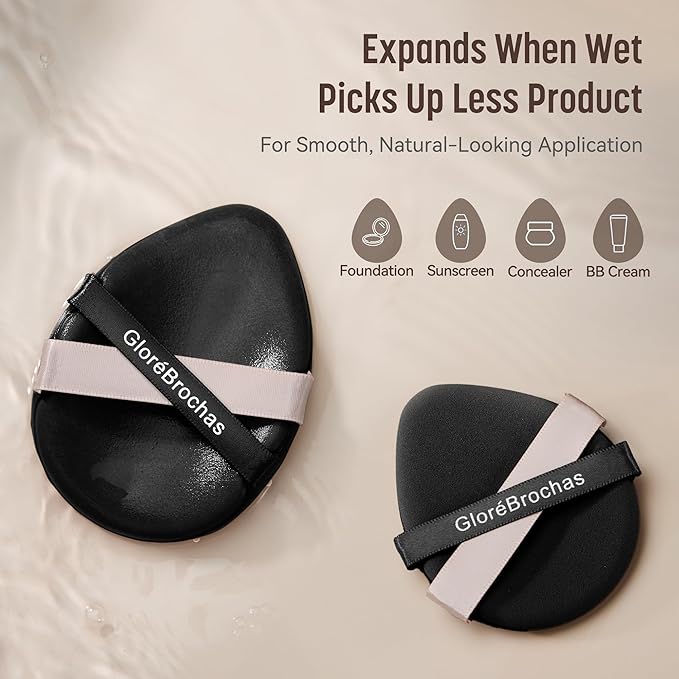 Makeup Sponge Set, GloréBrochas 2PCS Micro Porous Low Absorption Foundation Sponges, Latex-Free PU Makeup Puff, 3.2inches Soft Dual-Sided Powder Puff for Face Powder, Black
