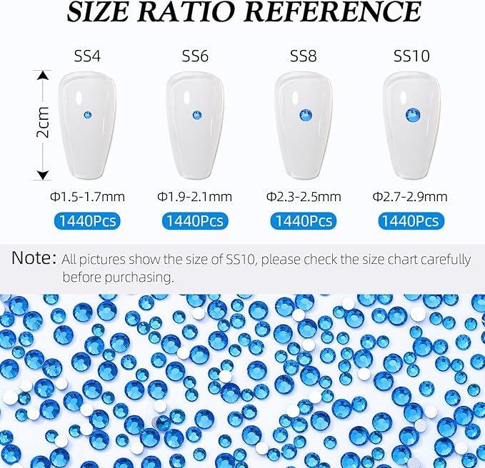 Meibite Capri Blue Flatback Rhinestones, Glass Rhinestones for Nail Art and Craft, Glue Fix, Loose Crystal Gemstones(Capri Blue, SS4, 1440pcs, 1.5-1.7mm)