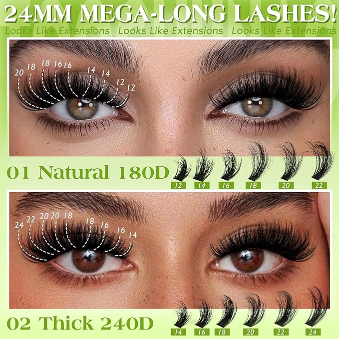 TOOCHUNAG Thick Lash Clusters 12-24mm Long Fluff Cluster Eyelash Extensions 180D+240D Spiky Curly Eyelash Clusters 192Pcs Wispy Soft Individual Lashes DIY Lash Extension