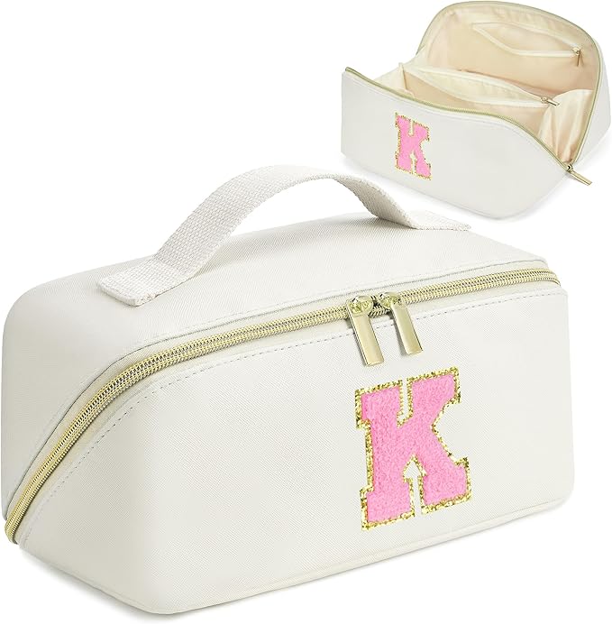 for Valentines Day Gifts, Makeup Bag for Women, PU Leather Travel Toiletry Bags, Initial Make Up Cosmetic Pouch for Teen Girls, Wide Open Portable Skincare Bag, Personalized Birthday Gifts, White K
