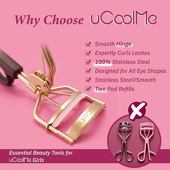 uCoolMe Eyelash Curler with 2 Refill Pads, No-Pinch Design & Comfort Grip for Natural Lash Lift, Cruelty-Free Lash Curler for All Eye Shapes, Easy to Use for Home and Travel (Gold)