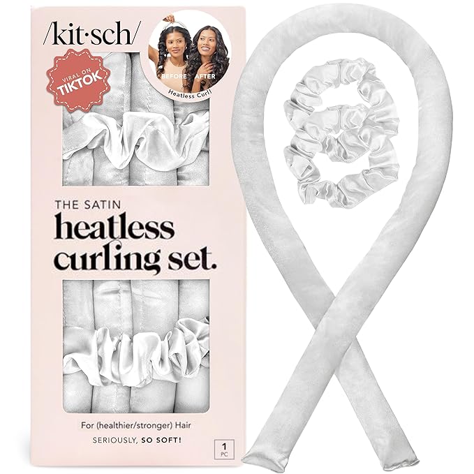 Kitsch Satin Heatless Curling Set – Heatless Curls Overnight with 34" Hair Curler & 2 Satin Scrunchies – Comfortable Hair Curlers to Sleep In for Frizz-Free, No Heat Damage Styling - Ivory