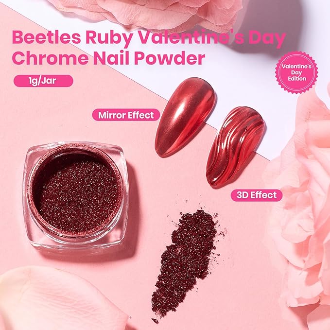 Beetles Red Chrome Nail Powder Mirror Effect Chrome Powder for Nails Metallic Red Gel Polish Nail Art DIY Decoration Valentine's Day Gifts for Women