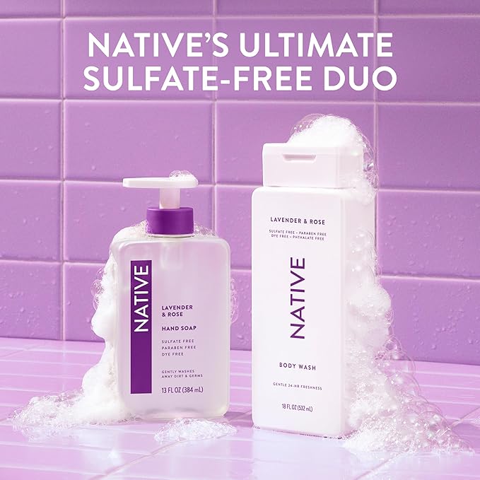 Native Body Wash Contains Naturally Derived Ingredients | For Women & Men, Sulfate, Paraben, & Dye Free Leaving Skin Soft and Hydrated | Lavender & Rose 18 oz - 2 Pk