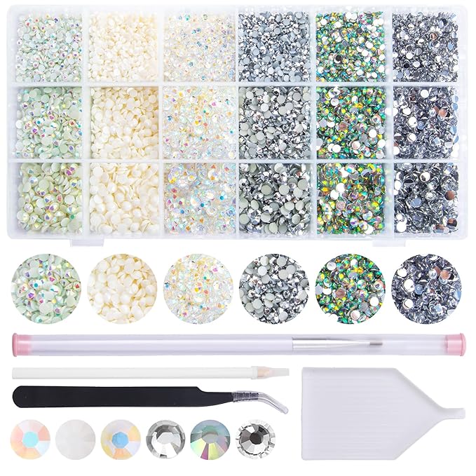 22300Pcs White and AB Mixed Color Flatback Rhinestones Kit for Nail Crafts DIY Decoration Non-hotfix Resin Round Shape Crystal(3mm,4mm,5mm)