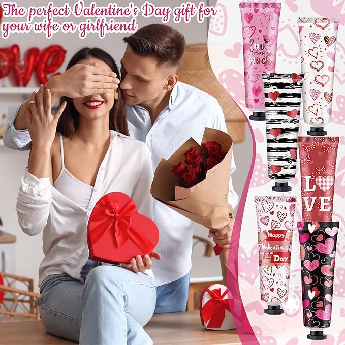 Loopeer 12 Sets Valentine's Day Hand Cream Lip Balm Bulk Gifts Galentine's Day Gift Valentine Party Favor Love Heart Mini Travel Size Moisturizing Hand Lotion for Women Coworker Teacher Nurse, 30 ml