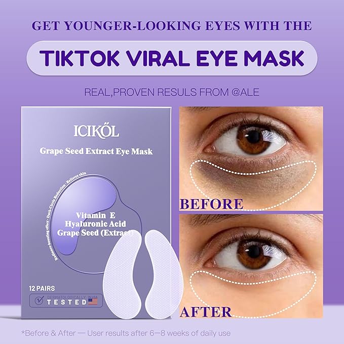 Collagen Under Eye Patches for Puffy Eyes and Dark Circles, Under Eye Mask for Radiance Boost, Deep Hydrating Undereye Mask Patches for Treatment with Women Beauty (60 Pairs, Grape seed)