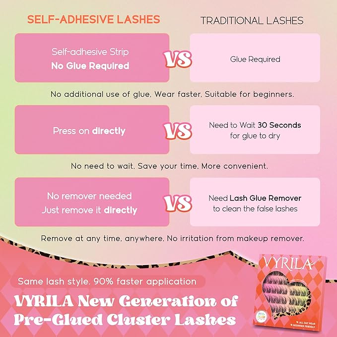 VYRILA Self Adhesive Lash Clusters Kit, D Curl Wispy Pre Glued Lash Extensions with Tweezers, Reusable 0.1mm Ultra Thin Band Natural Eyelashes, Easy Apply Eyelash Clusters for Beginners(PG-ZE13)